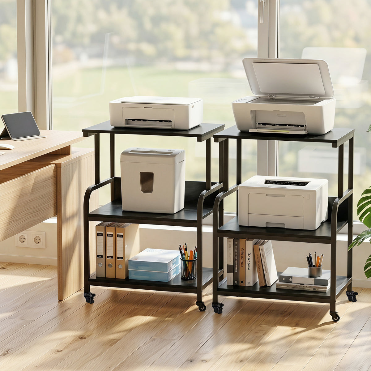 3-Tier Rolling Printer Stand with Adjustable Shelf and Lockable Wheels-Black view 6