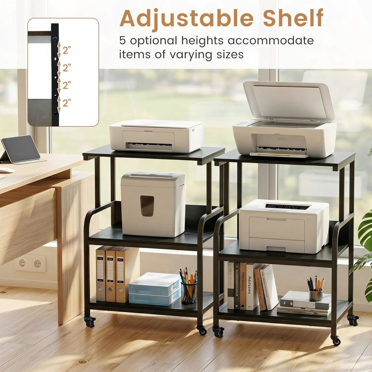 3-Tier Rolling Printer Stand with Adjustable Shelf and Lockable Wheels-Black view 8