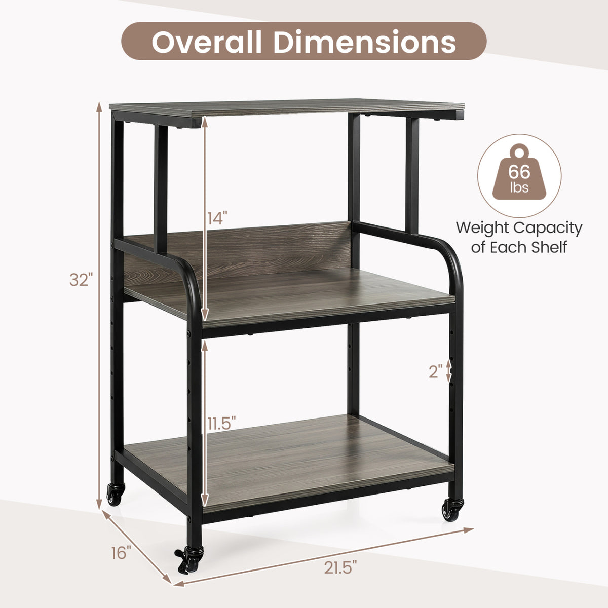3-Tier Rolling Printer Stand with Adjustable Shelf and Lockable Wheels-Oak view 5