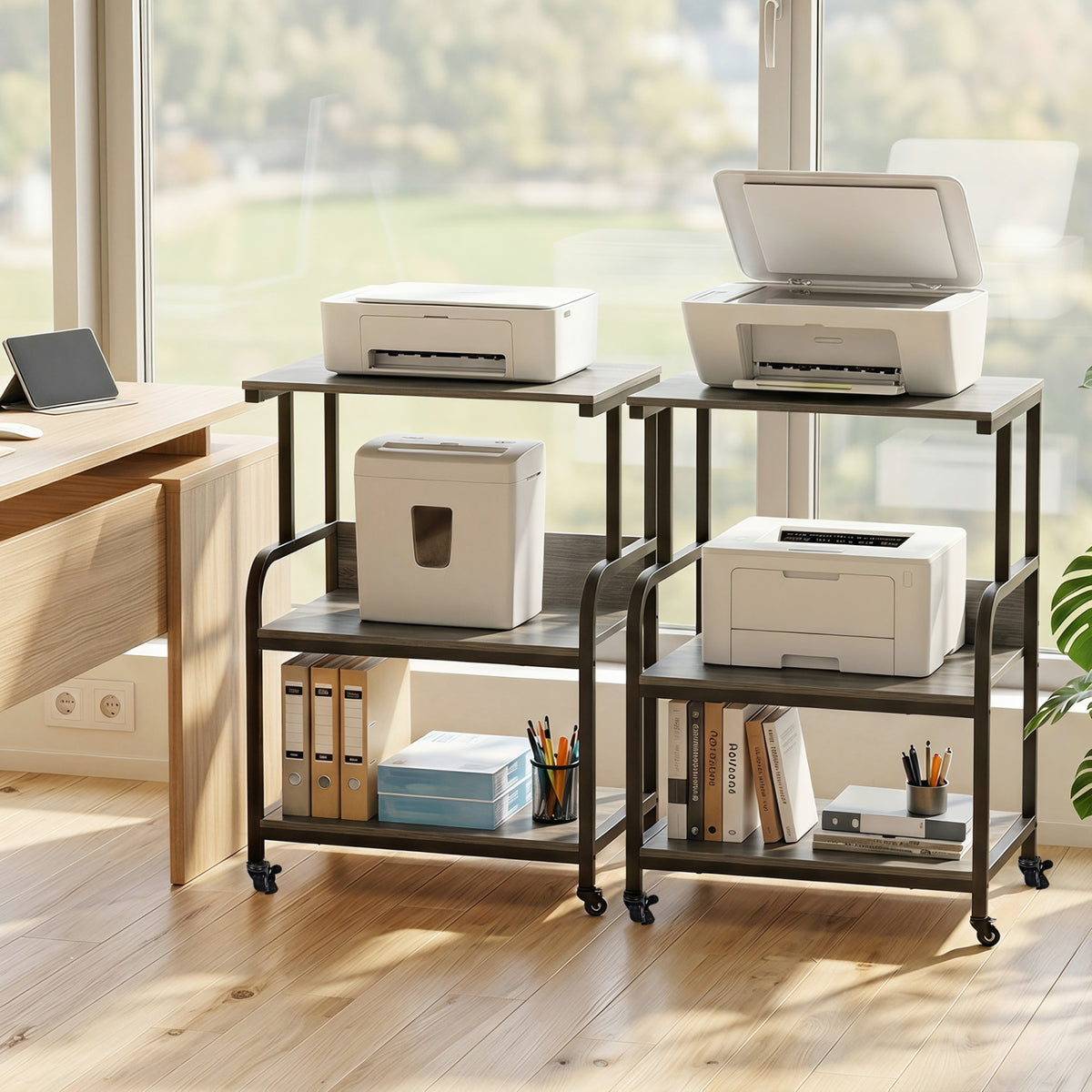 3-Tier Rolling Printer Stand with Adjustable Shelf and Lockable Wheels-Oak view 6