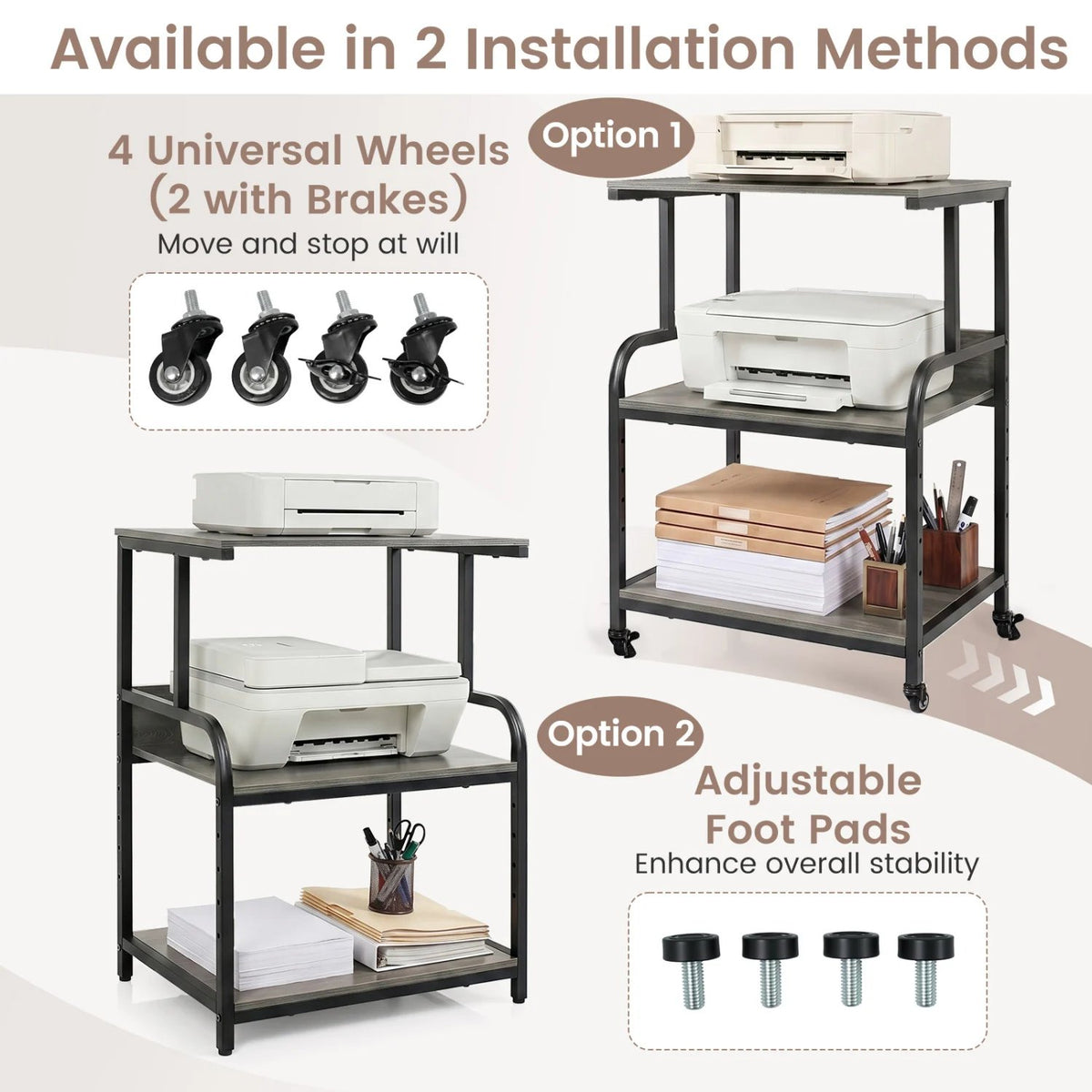 3-Tier Rolling Printer Stand with Adjustable Shelf and Lockable Wheels-Oak view 8