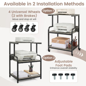 3-Tier Rolling Printer Stand with Adjustable Shelf and Lockable Wheels-Oak view 8
