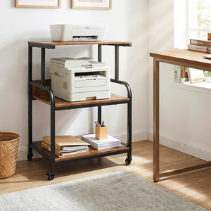 3-Tier Rolling Printer Stand with Adjustable Shelf and Lockable Wheels-Rustic Brown view 2