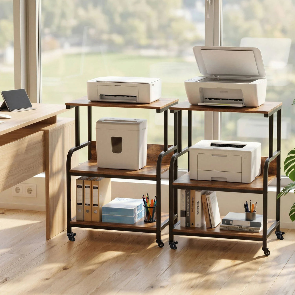 3-Tier Rolling Printer Stand with Adjustable Shelf and Lockable Wheels-Rustic Brown view 6