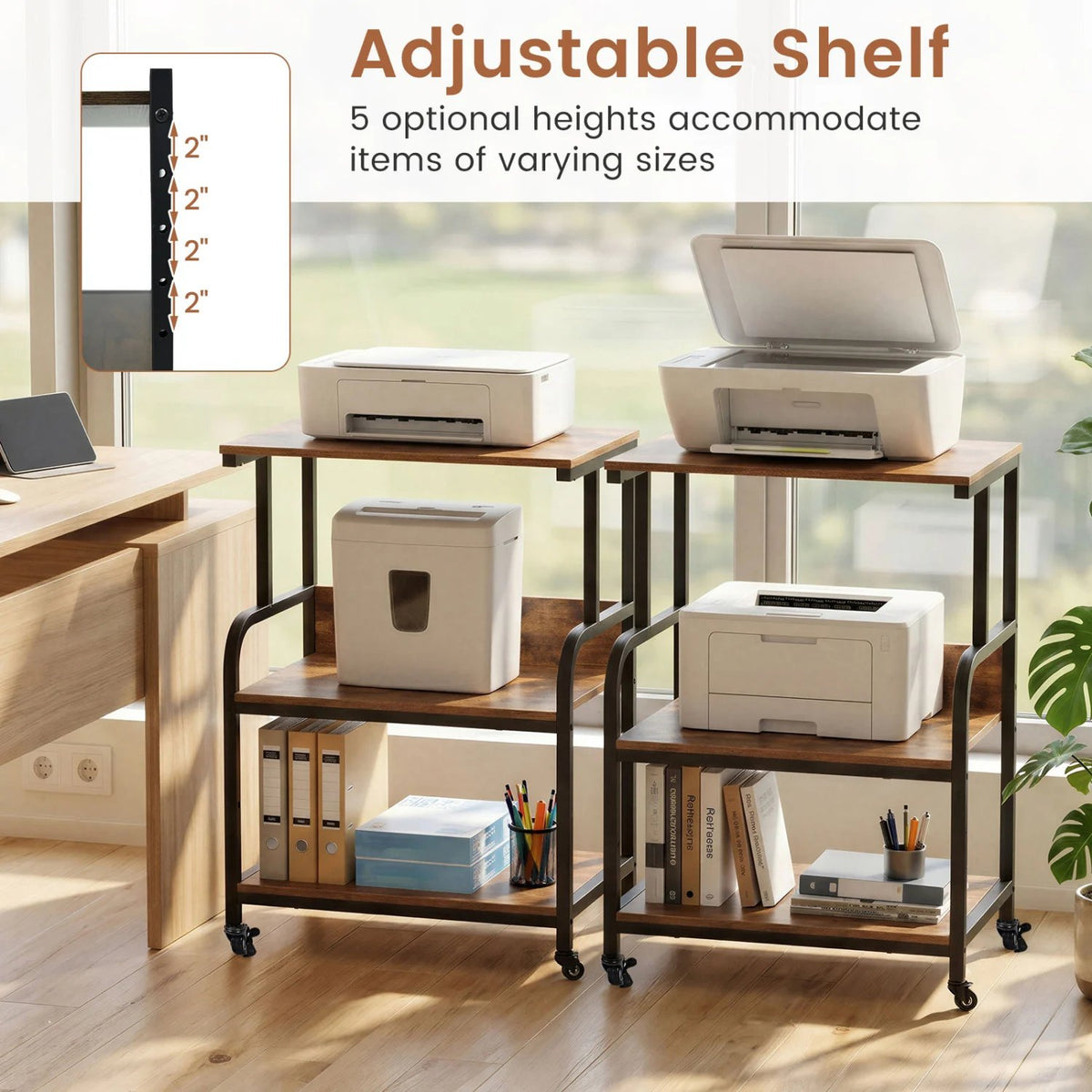 3-Tier Rolling Printer Stand with Adjustable Shelf and Lockable Wheels-Rustic Brown view 8