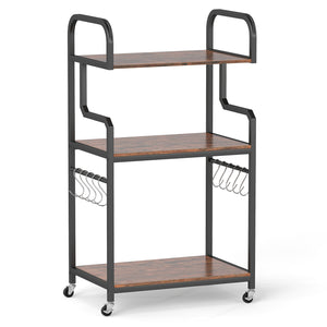 3-Tier Rolling Printer Stand with Storage Shelves & 10 Hooks and Locking Wheels-Rustic Brown