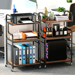 3-Tier Rolling Printer Stand with Storage Shelves & 10 Hooks and Locking Wheels-Rustic Brown view 3