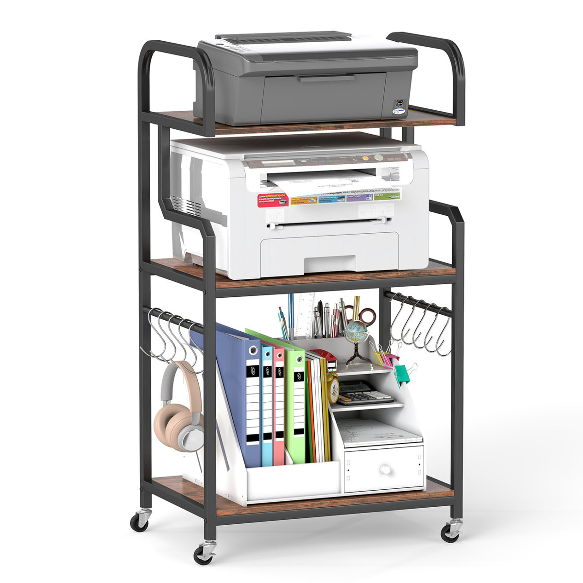 3-Tier Rolling Printer Stand with Storage Shelves & 10 Hooks and Locking Wheels-Rustic Brown view 4