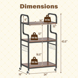 3-Tier Rolling Printer Stand with Storage Shelves & 10 Hooks and Locking Wheels-Rustic Brown view 5