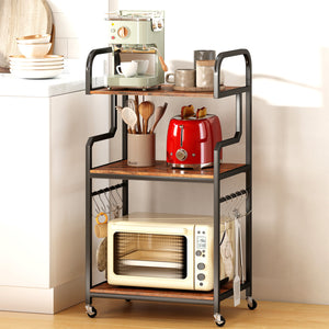 3-Tier Rolling Printer Stand with Storage Shelves & 10 Hooks and Locking Wheels-Rustic Brown view 6