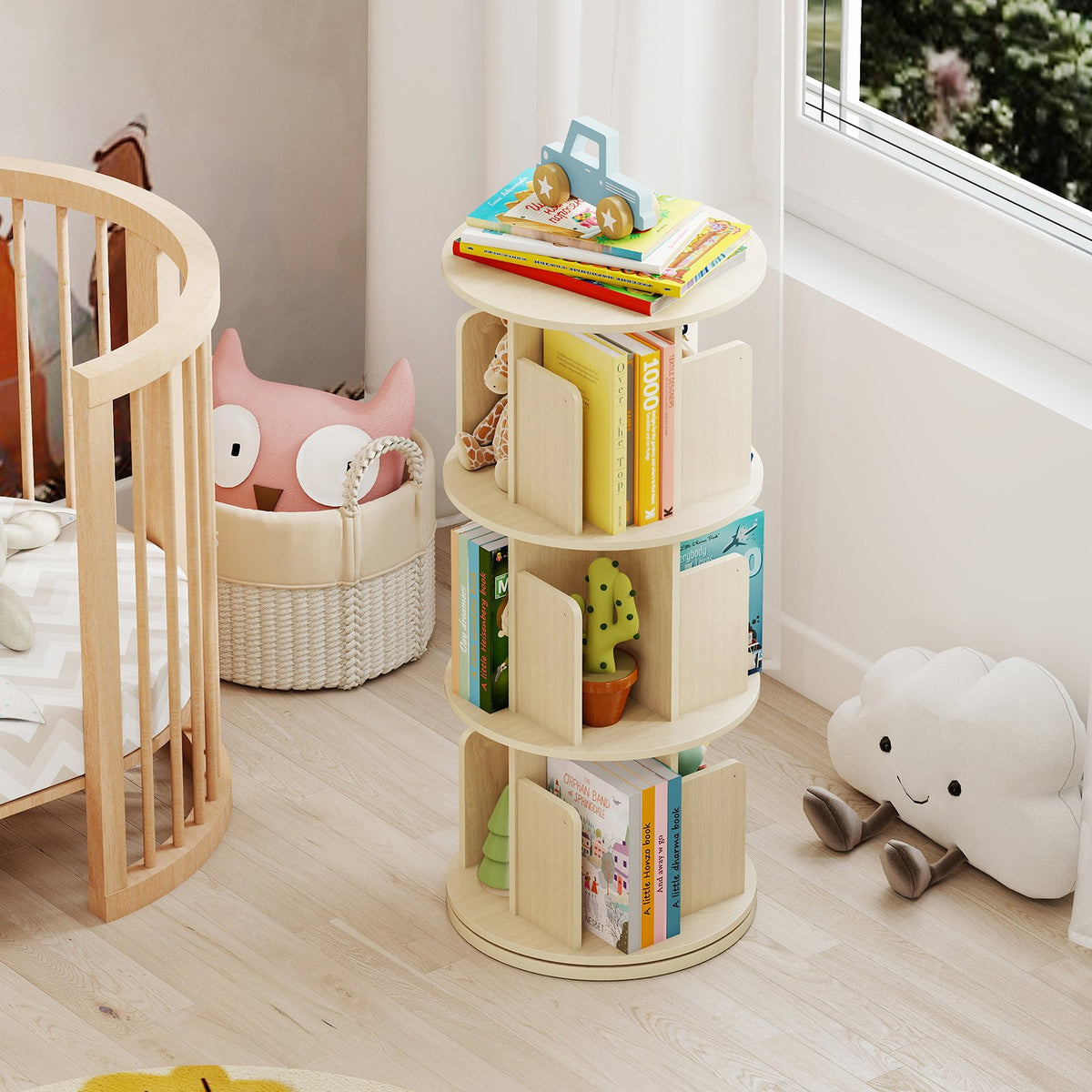 3-Tier Rotating Bookshelf with Dividers and Anti-falling Baffles-Natural view 2