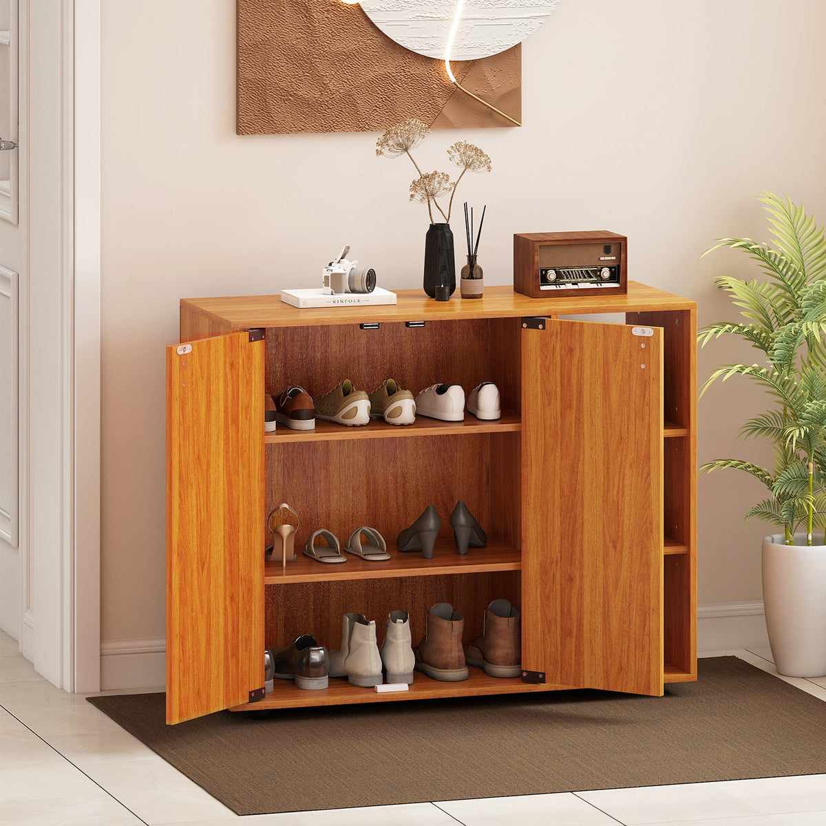 3-Tier Shoe Cabinet with Doors with Adjustable Open Shelves for Entryway-Natural view 2