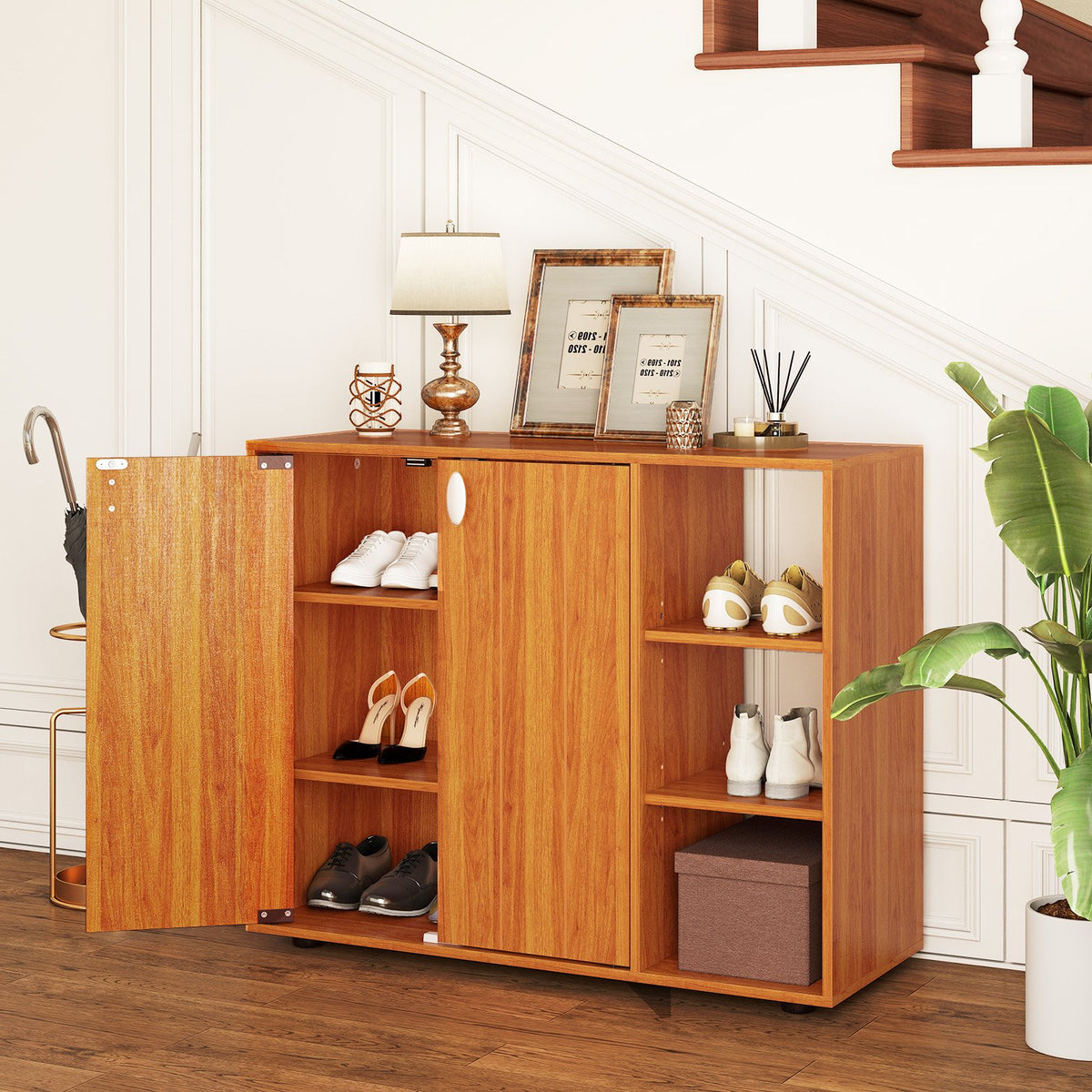 3-Tier Shoe Cabinet with Doors with Adjustable Open Shelves for Entryway-Natural view 3