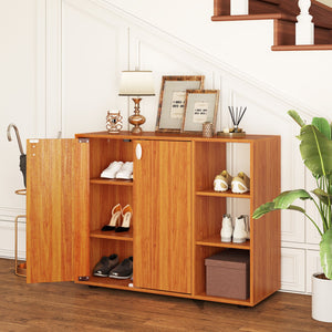 3-Tier Shoe Cabinet with Doors with Adjustable Open Shelves for Entryway-Natural view 3