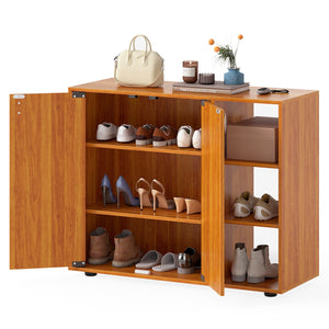 3-Tier Shoe Cabinet with Doors with Adjustable Open Shelves for Entryway-Natural view 4