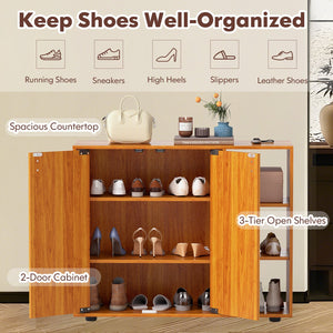 3-Tier Shoe Cabinet with Doors with Adjustable Open Shelves for Entryway-Natural view 7