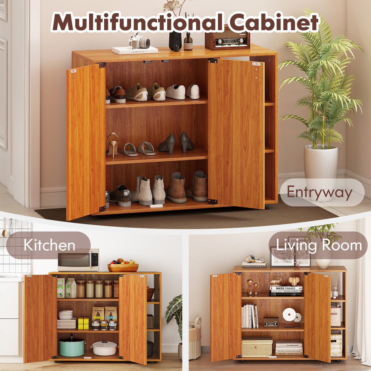 3-Tier Shoe Cabinet with Doors with Adjustable Open Shelves for Entryway-Natural view 9