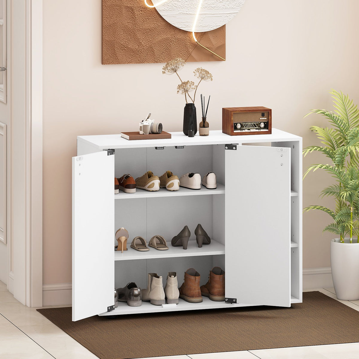 3-Tier Shoe Cabinet with Doors with Adjustable Open Shelves for Entryway-White view 2