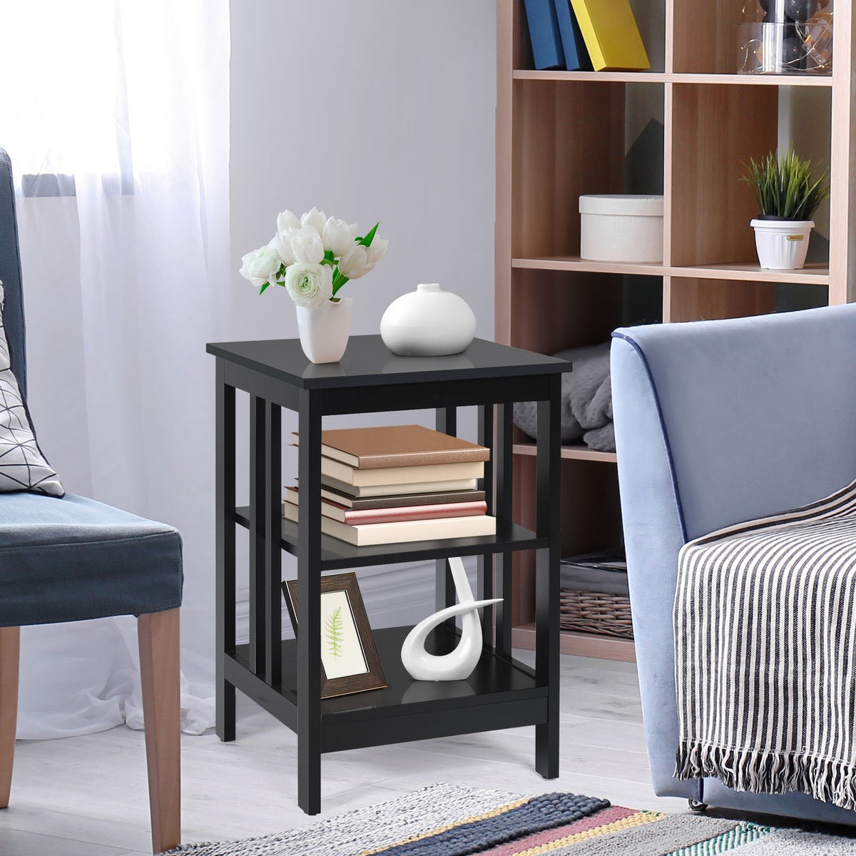 3-tier Side Table Nightstand with Stable Structure-Black view 2