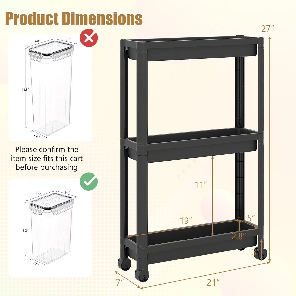 3-Tier Slim Rolling Storage Cart 2-Pack Mobile Bathroom Organizer with Wheels-Black view 4