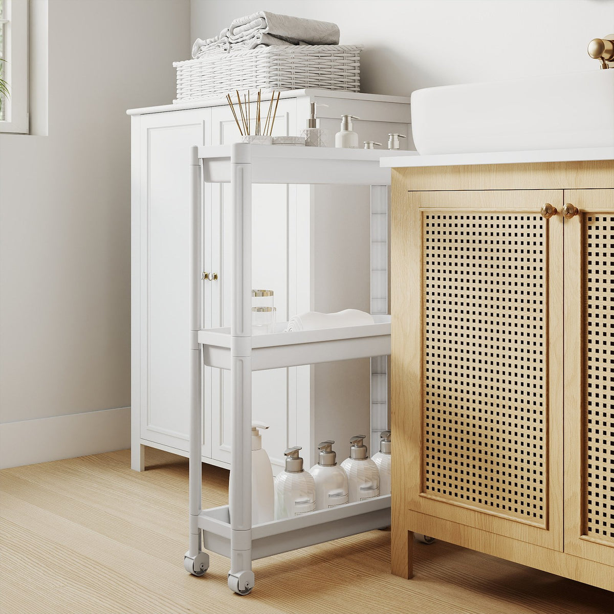 3-Tier Slim Rolling Storage Cart 2-Pack Mobile Bathroom Organizer with Wheels-White view 3