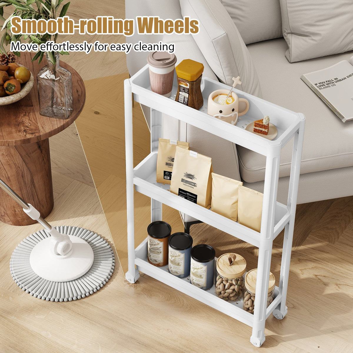 3-Tier Slim Rolling Storage Cart 2-Pack Mobile Bathroom Organizer with Wheels-White view 5