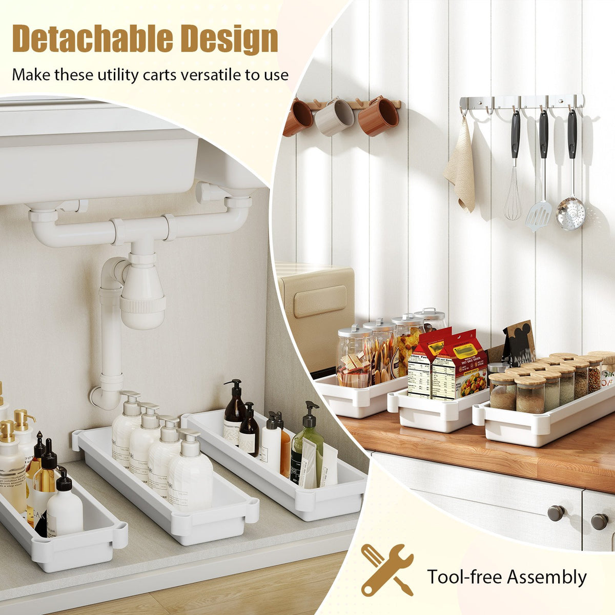 3-Tier Slim Rolling Storage Cart 2-Pack Mobile Bathroom Organizer with Wheels-White view 7