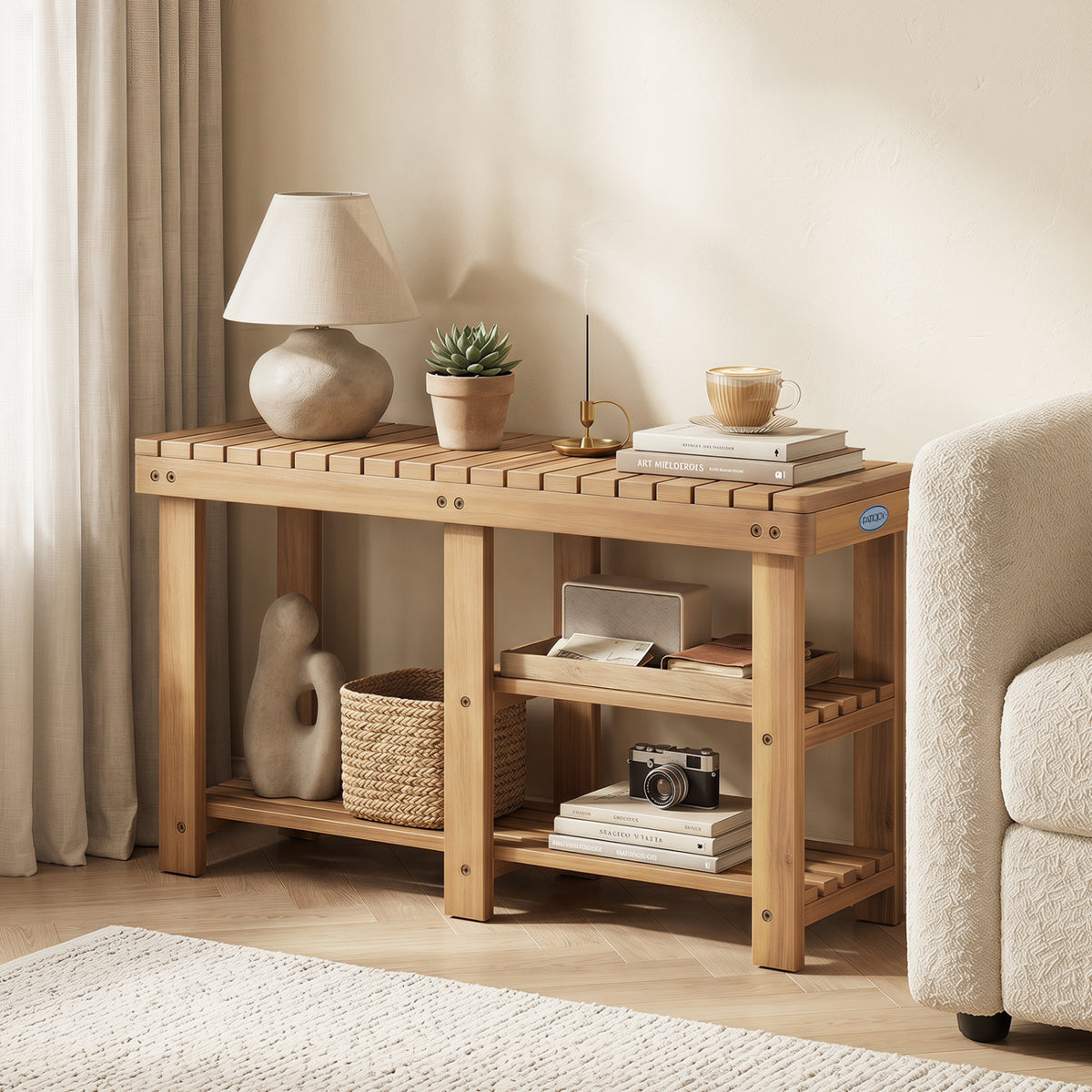 3-Tier Solid Wood Shoe Rack Bench with Slatted Shelves-L view 2