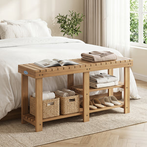 3-Tier Solid Wood Shoe Rack Bench with Slatted Shelves-L view 3