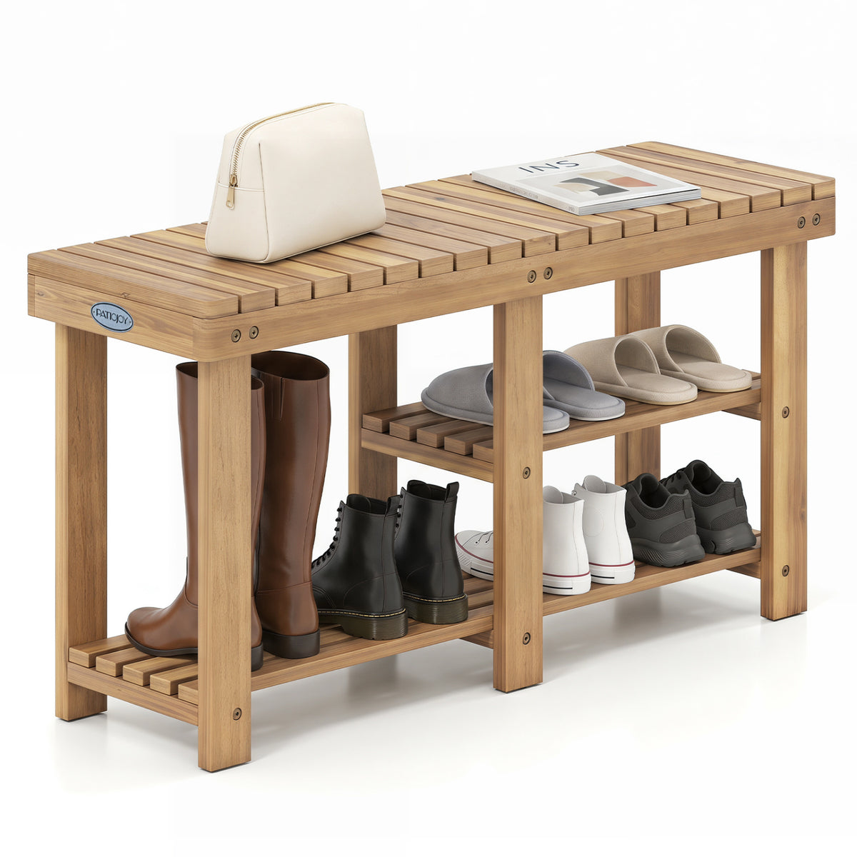 3-Tier Solid Wood Shoe Rack Bench with Slatted Shelves-L view 4