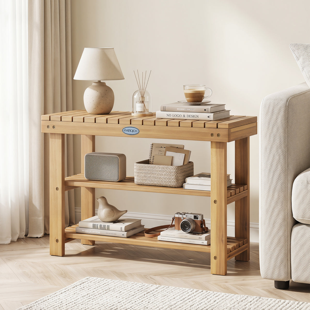 3-Tier Solid Wood Shoe Rack Bench with Slatted Shelves-M view 3