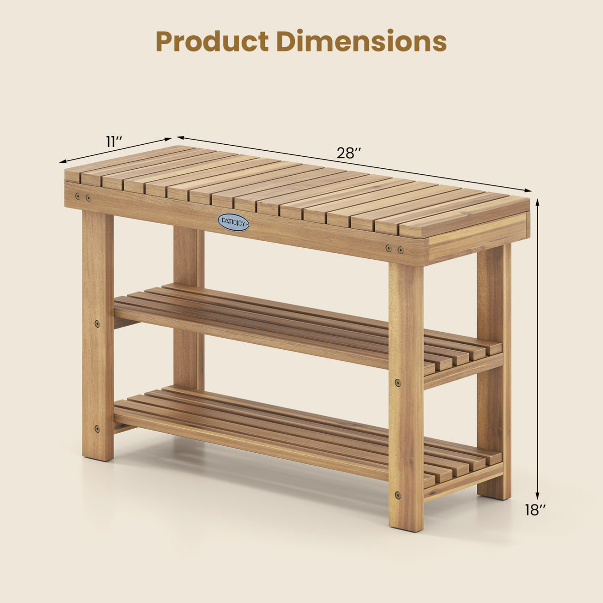 3-Tier Solid Wood Shoe Rack Bench with Slatted Shelves-M view 5