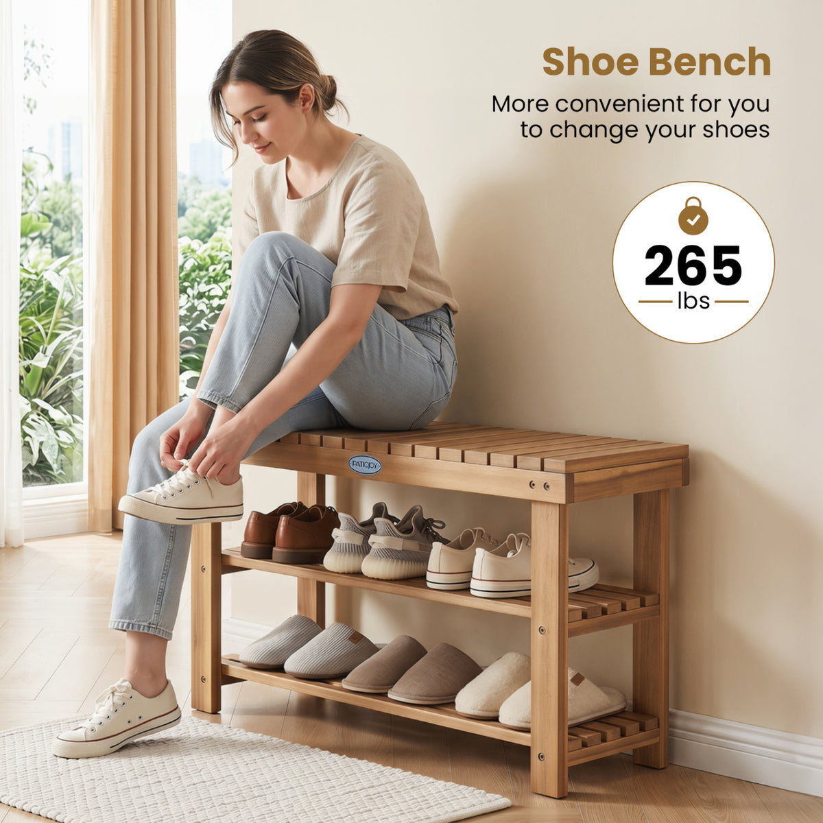 3-Tier Solid Wood Shoe Rack Bench with Slatted Shelves-M view 8