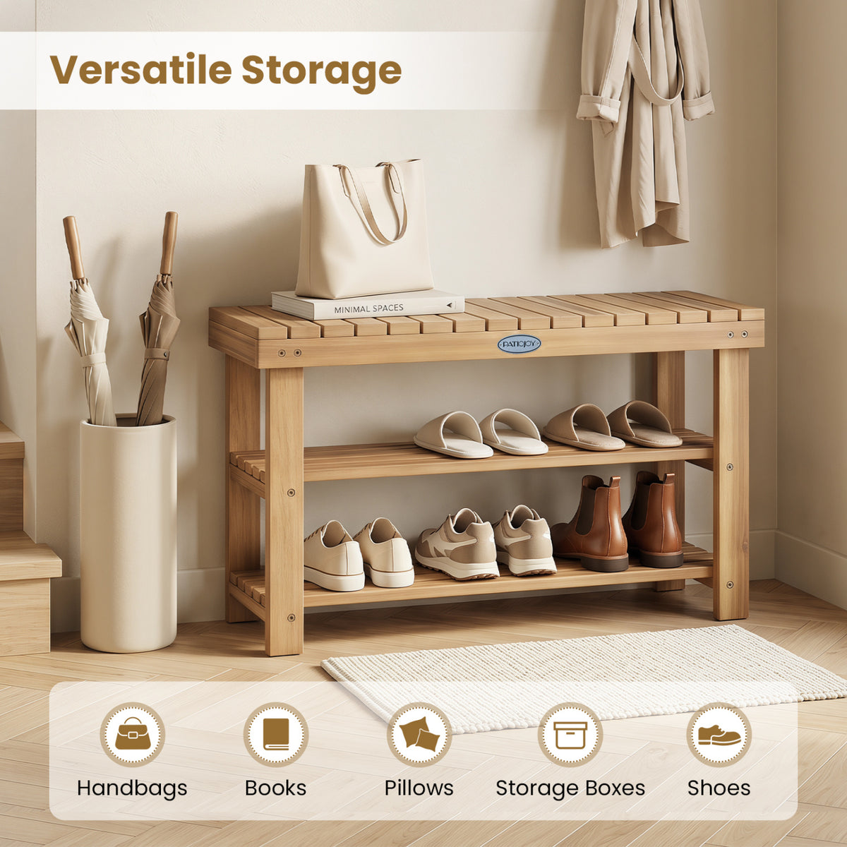 3-Tier Solid Wood Shoe Rack Bench with Slatted Shelves-M view 9