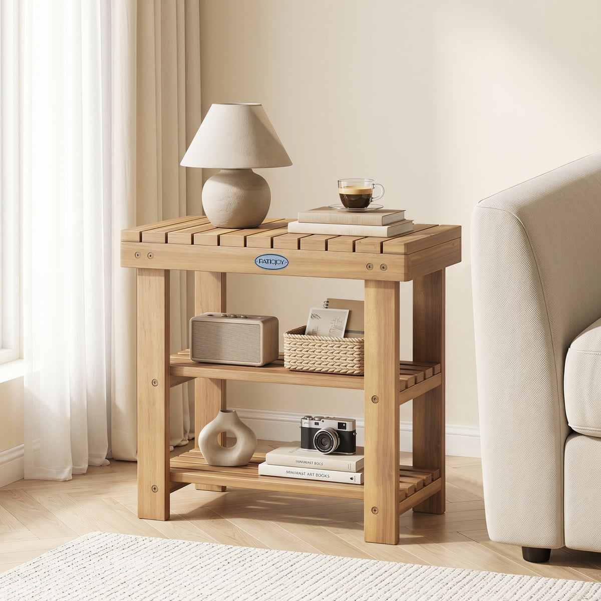 3-Tier Solid Wood Shoe Rack Bench with Slatted Shelves-S view 3