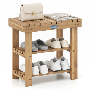 3-Tier Solid Wood Shoe Rack Bench with Slatted Shelves-S view 4