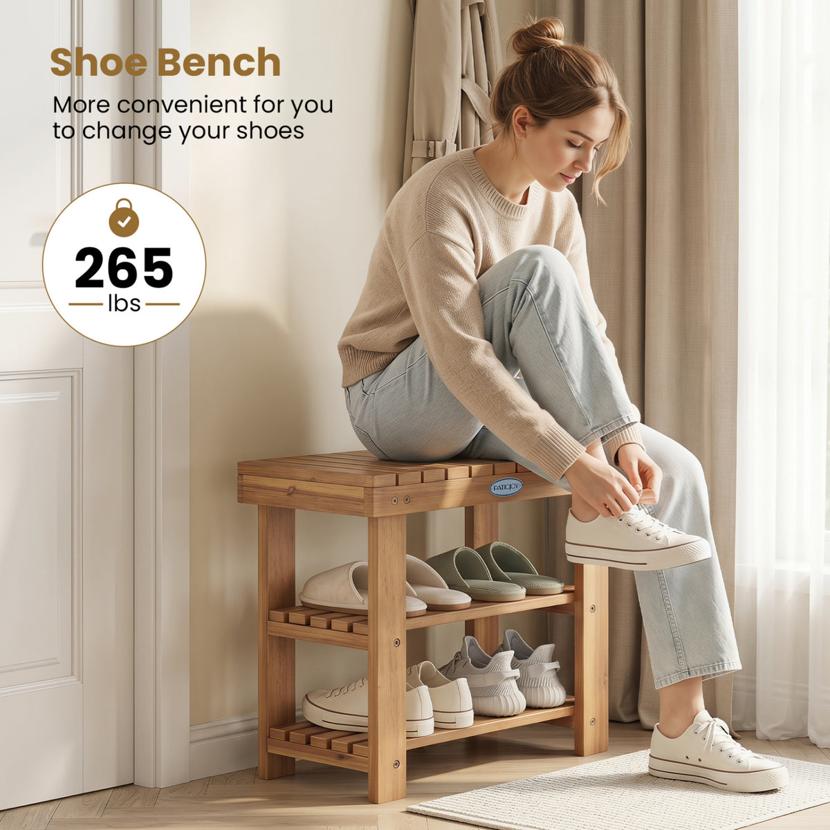 3-Tier Solid Wood Shoe Rack Bench with Slatted Shelves-S view 7