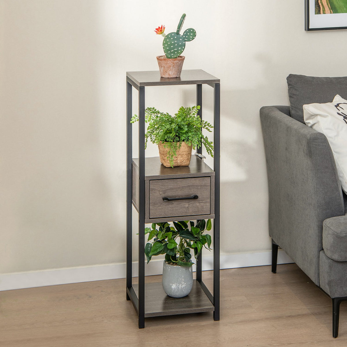 3 Tier Tall Metal Plant Stand with Drawer for Balcony Office-Gray view 3
