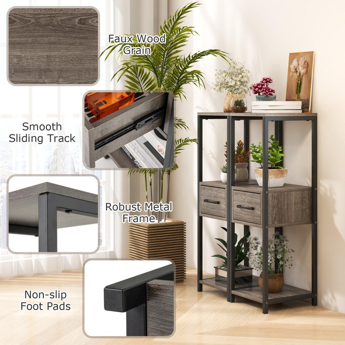 3 Tier Tall Metal Plant Stand with Drawer for Balcony Office-Gray view 5