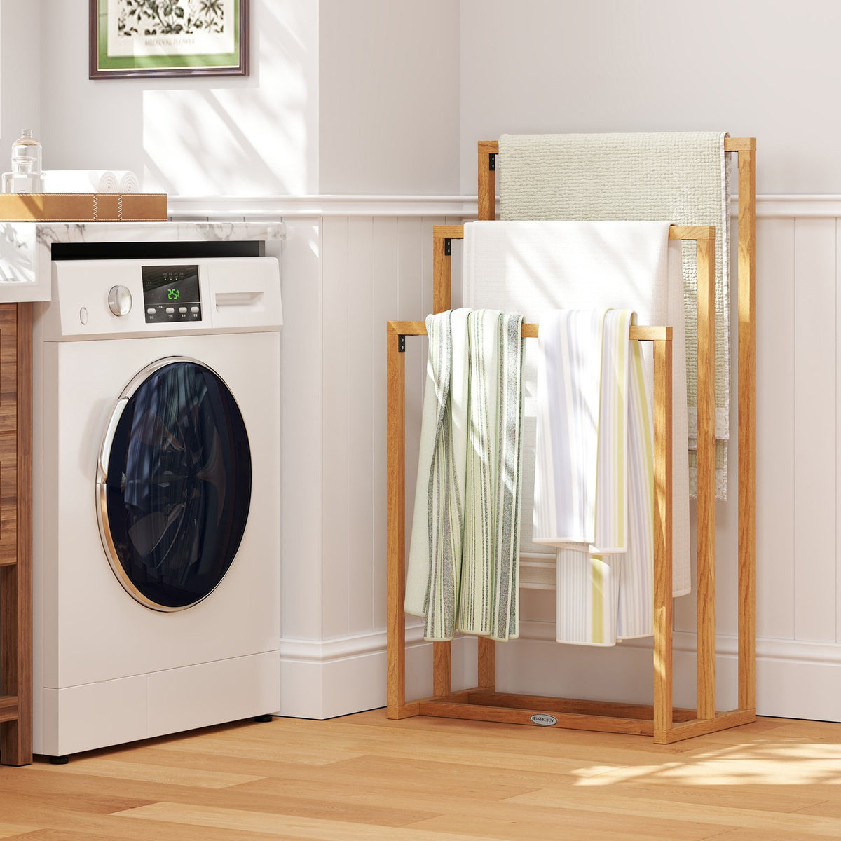 3-Tier Teak Wood Towel Rack with 3 Hanging Crossbars view 3