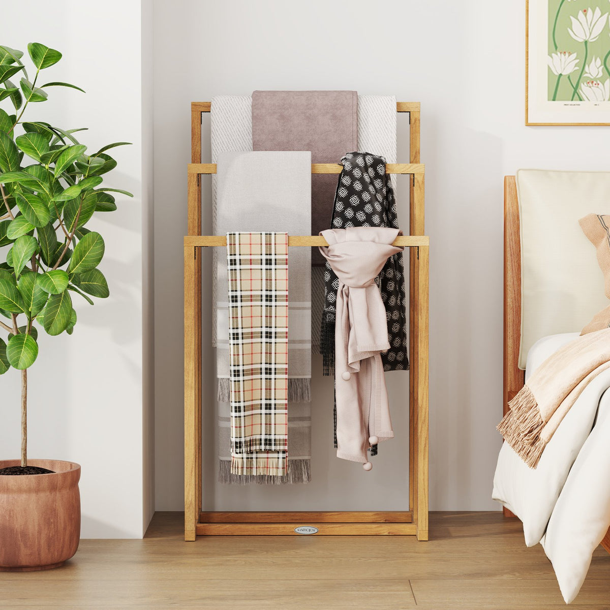 3-Tier Teak Wood Towel Rack with 3 Hanging Crossbars view 6