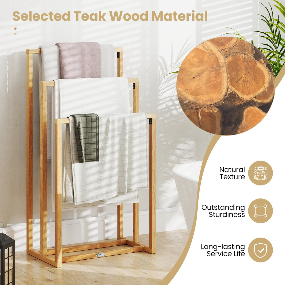 3-Tier Teak Wood Towel Rack with 3 Hanging Crossbars view 7