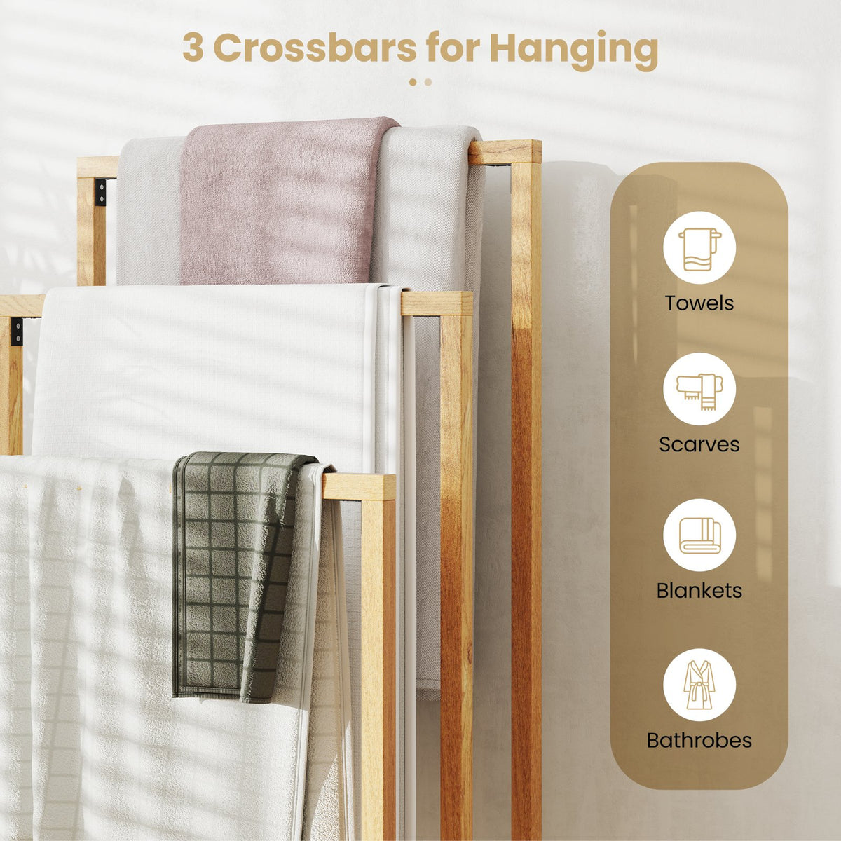 3-Tier Teak Wood Towel Rack with 3 Hanging Crossbars view 8