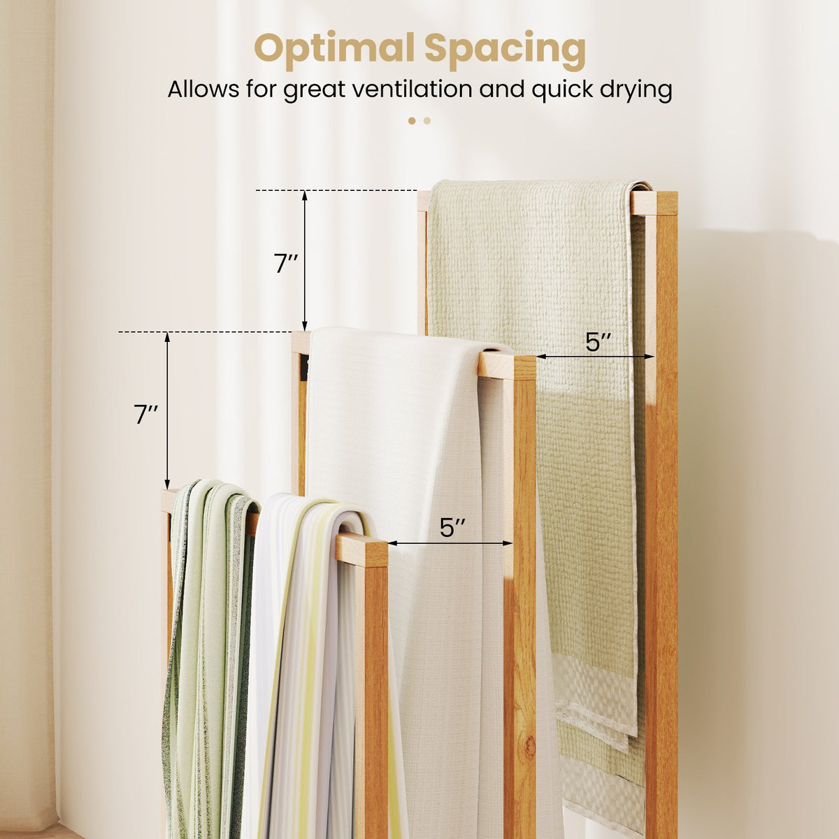 3-Tier Teak Wood Towel Rack with 3 Hanging Crossbars view 9