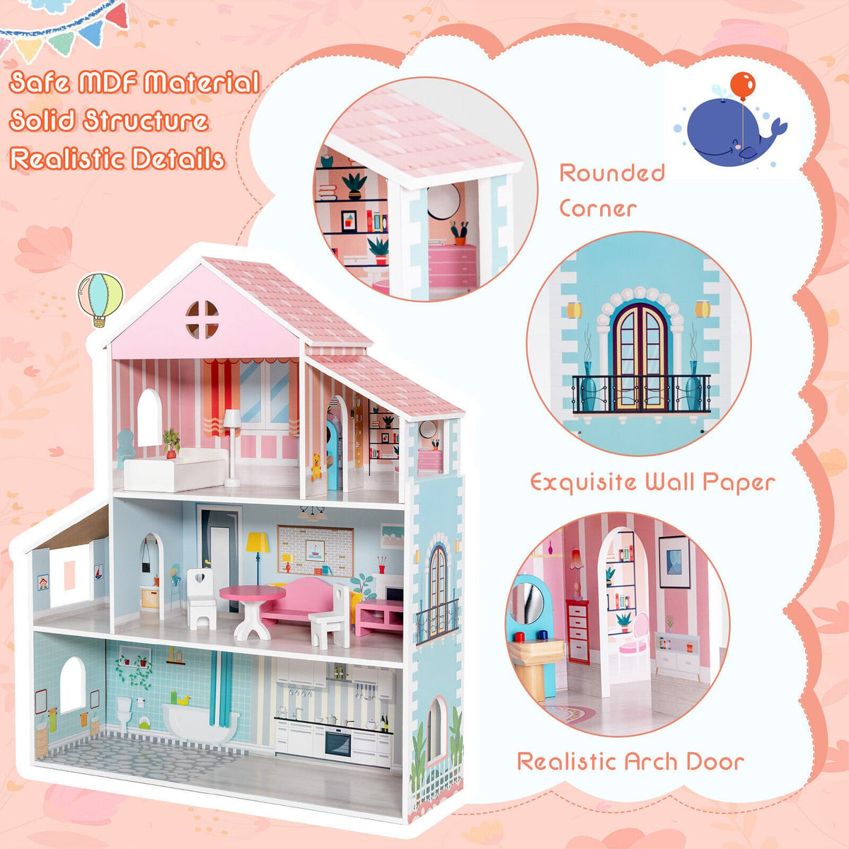 3-Tier Toddler Doll House with Furniture Gift for Age over 3 view 6