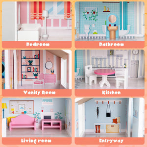 3-Tier Toddler Doll House with Furniture Gift for Age over 3 view 7
