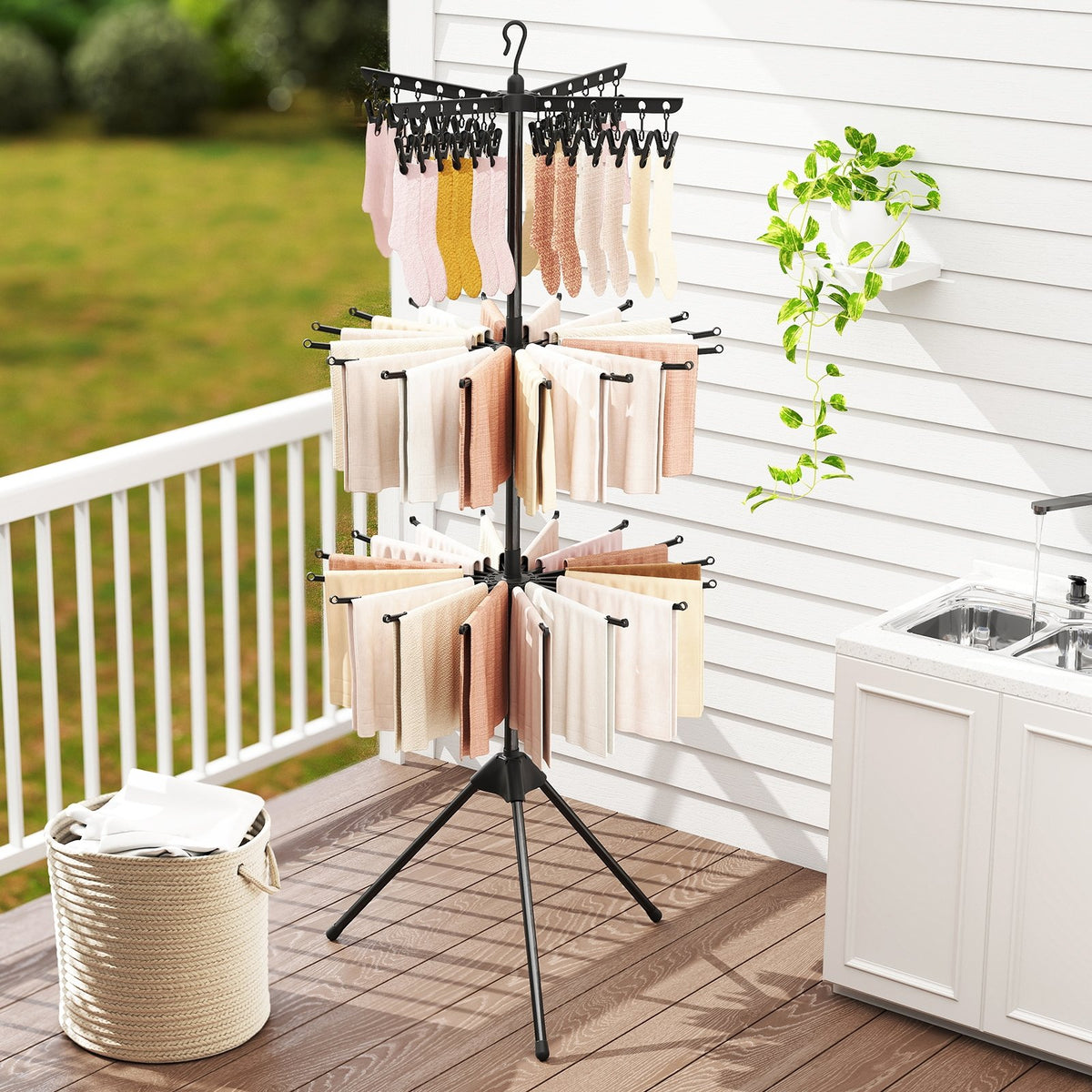 3-Tier Tripod Freestanding Folding Clothes Drying Rack with 24 Clips-Black view 2