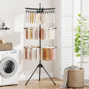3-Tier Tripod Freestanding Folding Clothes Drying Rack with 24 Clips-Black view 3