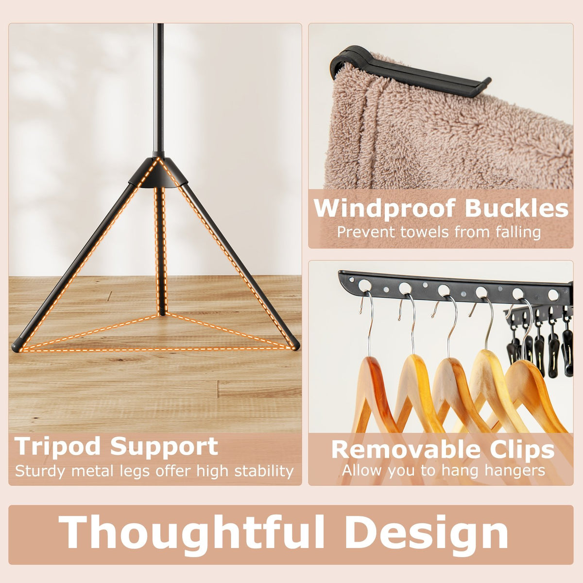 3-Tier Tripod Freestanding Folding Clothes Drying Rack with 24 Clips-Black view 6