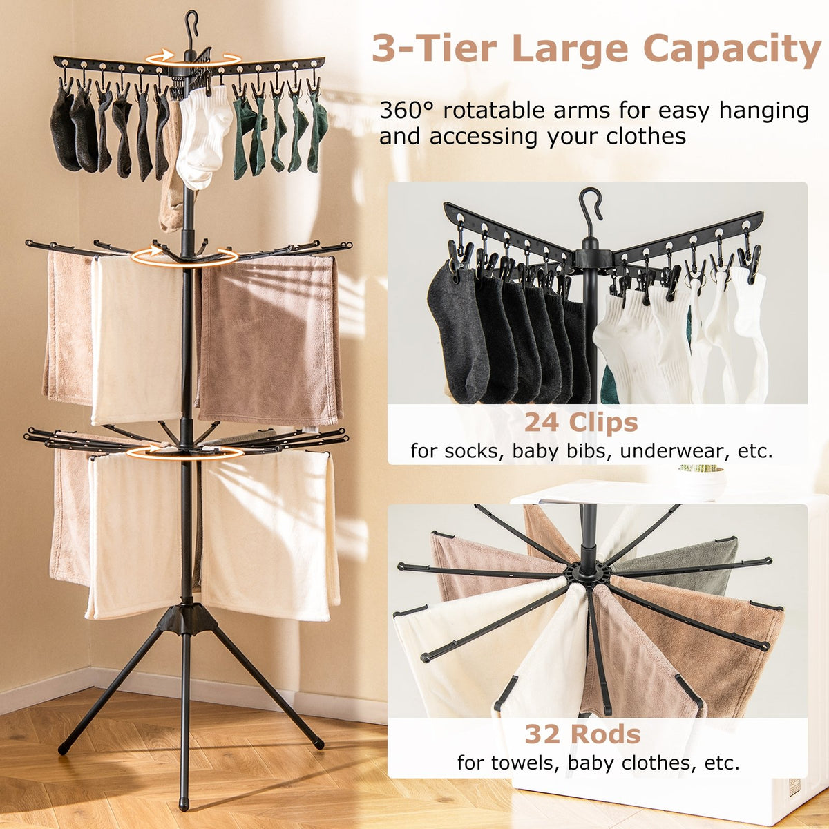 3-Tier Tripod Freestanding Folding Clothes Drying Rack with 24 Clips-Black view 7
